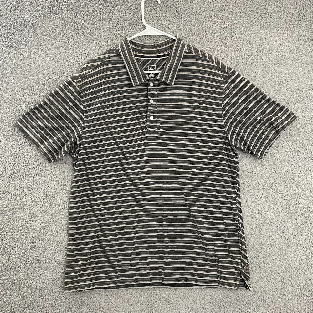 REI‎ Shirt Men L Gray Striped Casual Outdoor Short Sleeve Polo